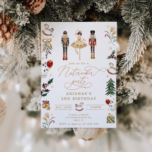 Può includere: Un invito bianco con un bordo dorato e un'illustrazione ad acquerello di una ballerina e uno schiaccianoci. Il testo sulla carta recita "Join us for a Nutcracker Party, Ariana's 2nd Birthday, Aug 24th, 3:00PM, Floral Garden, 213 Hornchurch Rd, RM12 7T, RSVP to Sam at 111-222-333".