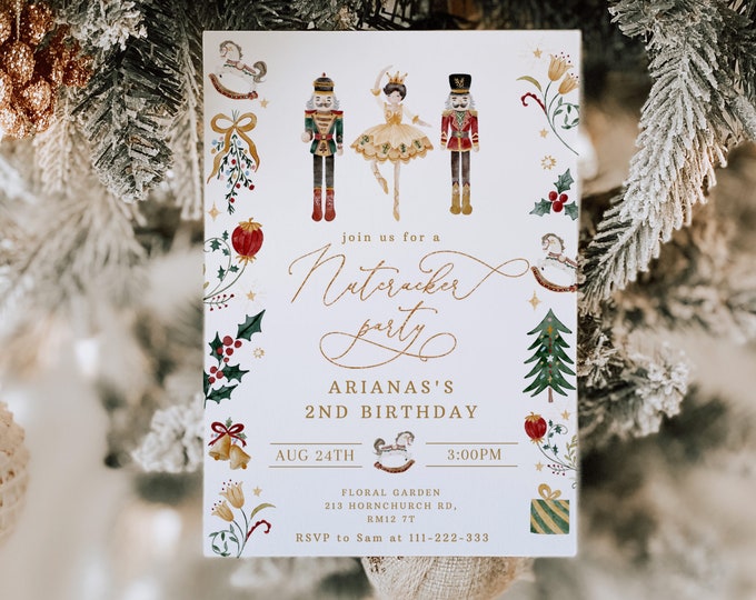 Editable Nutcracker Birthday invitation. Gender neutral red gold nutcracker birthday invitation. Sugar Plum Fairy birthday invitation #nut1