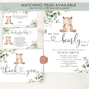 May include: A baby shower invitation with a woodland theme. The invitation features a cute cartoon bear with a heart and the text "We can barely wait". The invitation is decorated with green leaves and flowers.