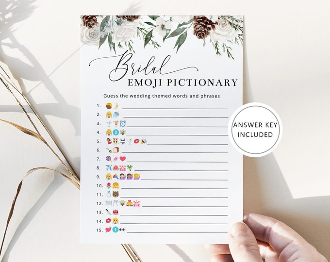 Evergreen Bridal shower emoji pictionary. Elegant winter bridal emoji game. Elegant calligraphy bridal shower emoji pictionary game #ev1