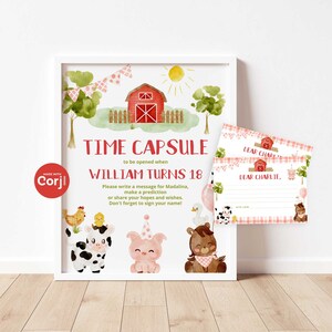 Animales de granja Time Capsule Signo y tarjeta de mensaje. Signo de cápsula del tiempo del primer cumpleaños del niño tractor rojo con tarjeta de mensaje a juego #f1