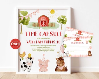 Farm animals Time Capsule Sign and message card. Red tractor boy First Birthday Time Capsule Sign with Matching Message Card #f1