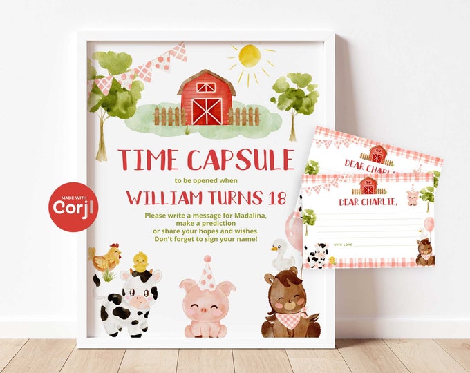 Farm animals Time Capsule Sign and message card. Red tractor boy First Birthday Time Capsule Sign with Matching Message Card #f1