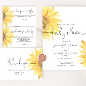 May include: A baby shower invitation with a watercolor sunflower design. The invitation includes the text "Please join us for a baby shower honoring Jennifer James" and details about the event, including the date, time, and location.