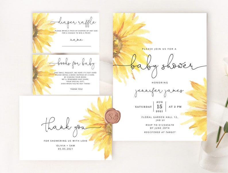 May include: A baby shower invitation with a watercolor sunflower design. The invitation includes the text "Please join us for a baby shower honoring Jennifer James" and details about the event, including the date, time, and location.