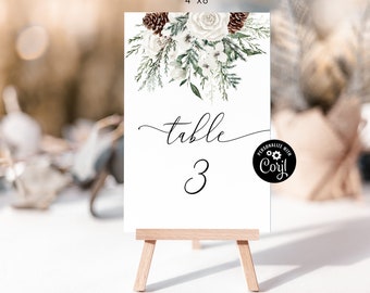 Evergreen table number template. Printable winter elegant table numbers cards. Editable evergreen Wedding Table Numbers 4x6 and 5x7 #ev1