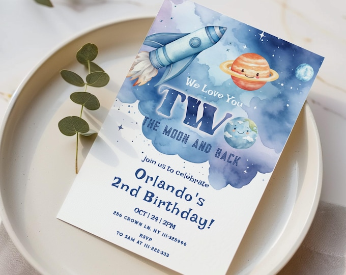 Editable Two the Moon Boy 2nd birthday invitation, Space Ship Birthday Invitation, Planets Rocket Ship 2nd birthday invite, Corjl #sp1