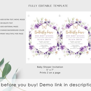 Może przedstawiać: Fioletowe i złote zaproszenie na baby shower z kwiatowym wzorem i tekstem "Butterfly Kisses and Baby Wishes". Zaproszenie ma rozmiar 5 cali na 7 cali i drukuje się dwa na stronie.