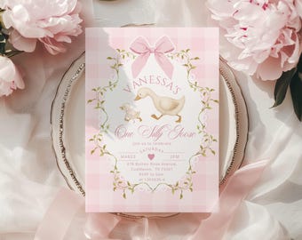 Editable One Silly Goose Pink girl First Birthday invitation,  Girl Gingham invite Corjl template #sg4