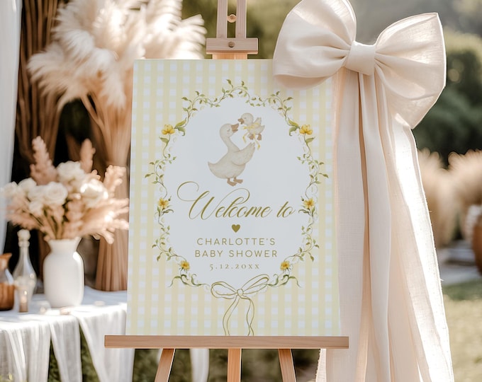 Gender Neutral New Silly Goose Baby Shower Welcome sign template, Yellow Gingham Bow Editable Corjl #sg7