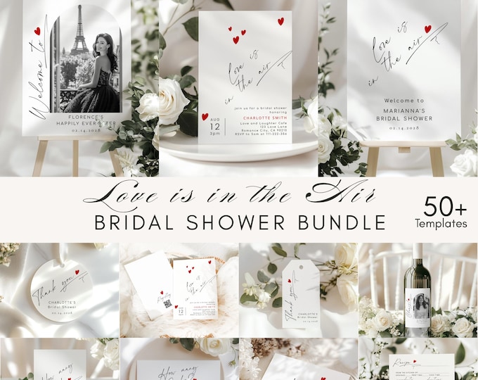 Love is in the Air Minimalist Bridal Shower Bundle. Valentines heart script Editable templates #la1