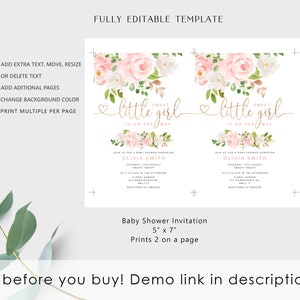 May include: A printable baby shower invitation template featuring a pink and white floral design with the text "Sweet little girl is on the way". The template is fully editable and can be printed on 5x7 inch paper.