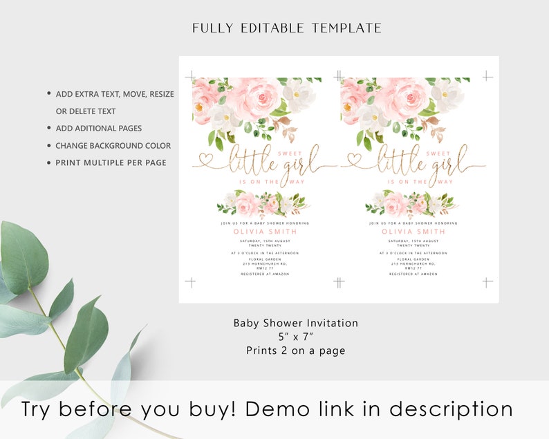 May include: A printable baby shower invitation template featuring a pink and white floral design with the text "Sweet little girl is on the way". The template is fully editable and can be printed on 5x7 inch paper.