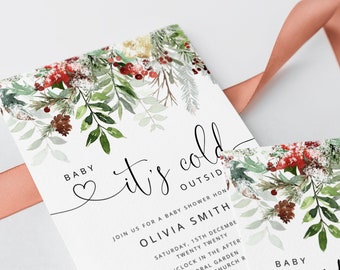 Baby it's cold outside baby shower invitation. Winter Baby Shower Invitation gender neutral. Winter greenery Baby Shower. #rg2