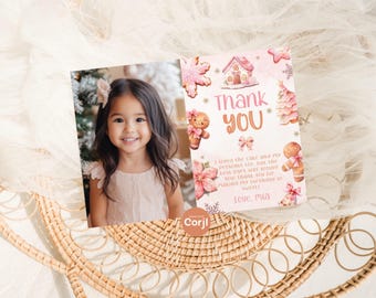 Editable Christmas Cookie pink Birthday Photo Thank you card. Pink Gingerbread Little Cookie  Thank you card template. Corjl Template #1cc