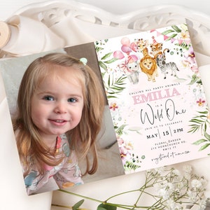 Op de afbeelding: Een roze en groene verjaardagsuitnodiging met een foto van een jong meisje. De uitnodiging luidt "Calling all party animals, Emilia is a Wild One. Join us to celebrate May 15, 2 PM. Floral Garden, 213 Hornchurch Rd, AM12 77. Registered at Amazon."