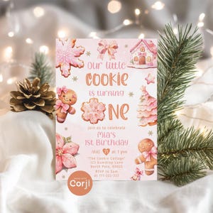 Milk and Cookies 1st Birthday Invitation: Pink One Little Cookie Theme (Corjl Template) #1cc image 1