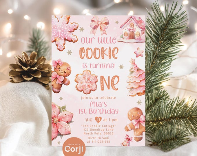 Editable One little Cookie Christmas Girl 1st Birthday invitation. Pink Gingerbread Little Cookie is Turning 1 invite. Corjl Template #1cc