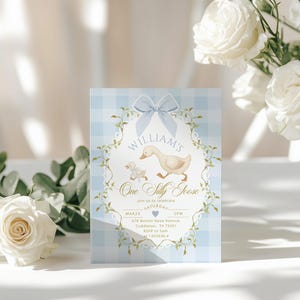May include: A light blue gingham patterned invitation with a bow at the top. The invitation features a goose and gosling illustration and the text "WILLIAM'S One Silly Goose". Additional text includes event details.