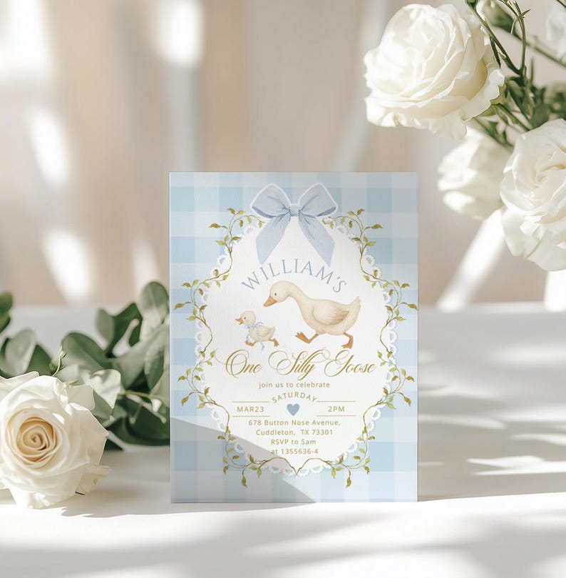 May include: A light blue gingham patterned invitation with a bow at the top. The invitation features a goose and gosling illustration and the text "WILLIAM'S One Silly Goose". Additional text includes event details.