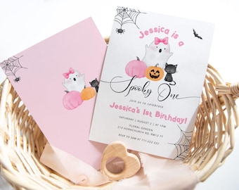 Editable Spooky One 1st birthday invitation. Pink Cute Boo Spooky One birthday invite. Cute girl Halloween 1st birthday invitation #hl2