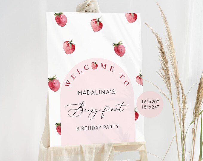 Berry first birthday welcome sign. Strawberry 1st birthday welcome sign. Berry sweet birthday welcome template #ber1