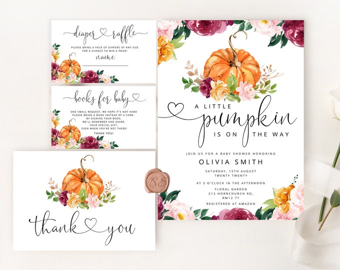Little pumpkin Baby Shower Invitation. Pumpkin baby shower invitation bundle. Fall floral Baby Shower Invitation set #p2