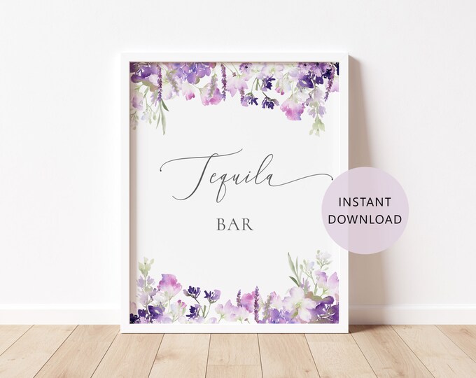Purple tequila bar sign. Wildflowers lavander tequila bar table sign #09