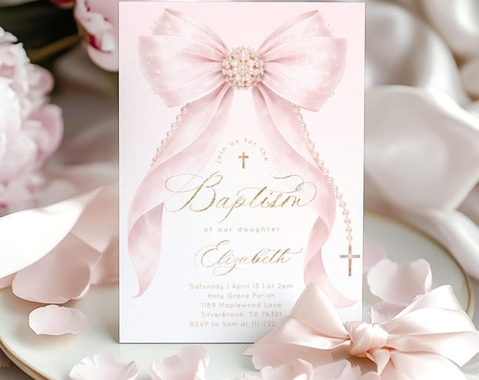 Pearl Pink Bow Girl Baptism invitation template | Gold Elegant Christening invite ( Corjl Editable Template) #bp2