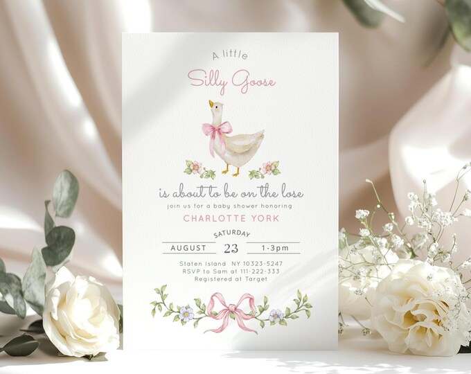 Editable Silly Goose baby shower invitation, Blush pink Silly Goose baby shower invite, Whimsical Goose baby girl shower invitation #sg3