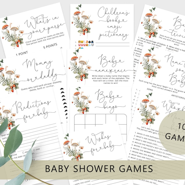 Fall mushroom Baby Shower Games Bundle. Minimalist woodland forest Baby Shower Games. Fall baby shower activity. Instant Download #mush1