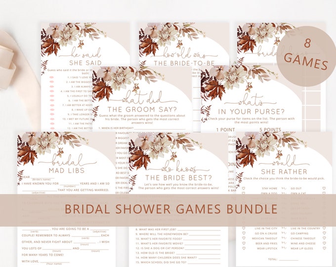 Boho fall Bridal Shower Games Bundle, Boho floral Wedding Shower Games. Fall arch Bachelorette Party Games Instant Download #17