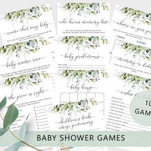 May include: A set of 10 printable baby shower games with a green and white floral design. The games include "Guess That Song Baby", "Baby Name Race", "The Price is Right", "Who Knows Mommy Best", "Baby Predictions", "Baby Bingo", "What's in Your Purse", "Mommy or Daddy", and "Wishes for Baby".