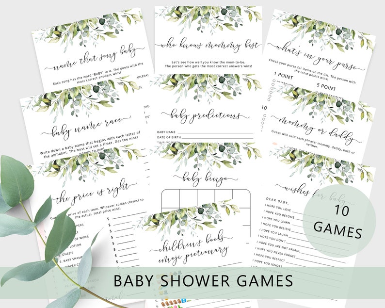 May include: A set of 10 printable baby shower games with a green and white floral design. The games include "Guess That Song Baby", "Baby Name Race", "The Price is Right", "Who Knows Mommy Best", "Baby Predictions", "Baby Bingo", "What's in Your Purse", "Mommy or Daddy", and "Wishes for Baby".