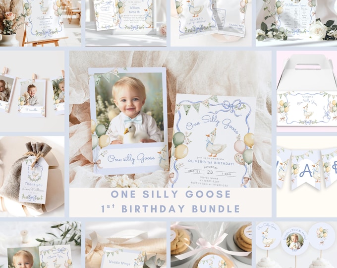 One Silly Goose 1st Birthday Bundle: Blue Whimsical Party Decor (Corjl Template) #sg1