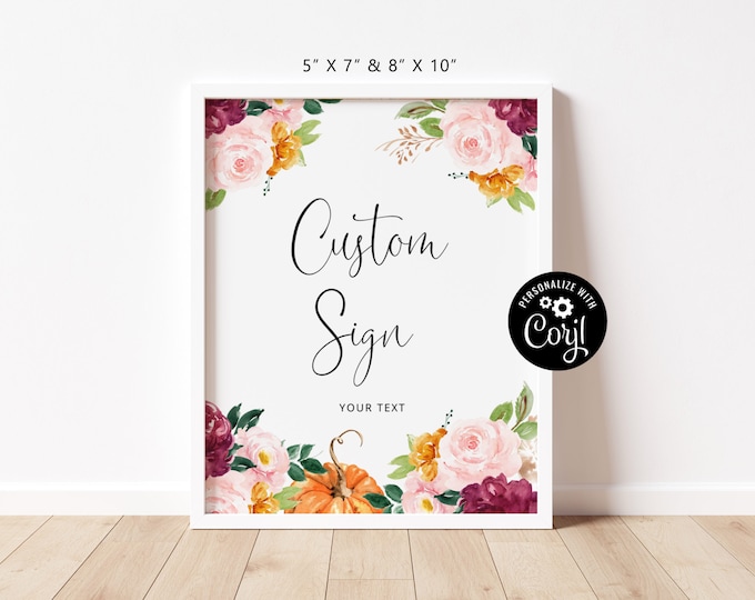 Pumpkin Custom Sign Template, Floral burgundy fall Table Sign. Create Your Custom Sign. Instant Download #p2