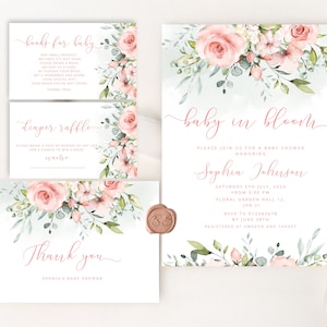 Baby in Blüte Baby Shower Einladung Vorlage. Blush rosa Baby Shower Einladungspaket. GFloral Baby Shower Einladungen Set #fl2