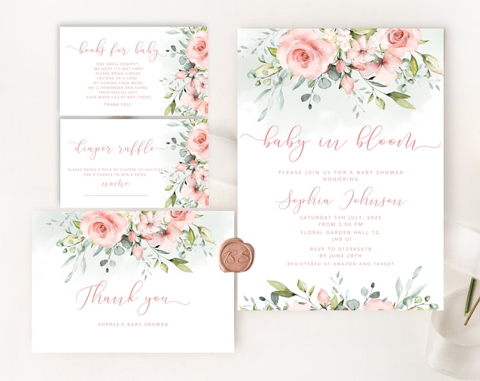 Baby in bloom Baby Shower Invitation template. Blush pink baby shower invitation bundle. GFloral Baby Shower Invitation set #fl2