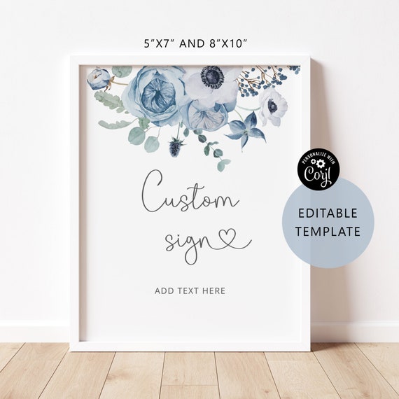 Dusty blue Custom Sign Template, Blue floral Custom sign. Create Your Custom Sign. Corjl template #dus