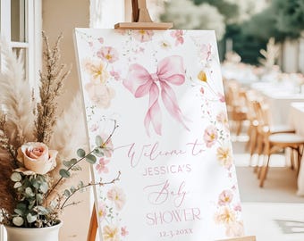 Wildflower Pink bow Baby in Bloom Welcome sign, Blush pink Bow Baby shower Welcome sign template, Elegant wildflower Welcome sign #bow3