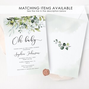May include: A baby shower invitation with a watercolor design of green leaves and the text "Oh baby" in cursive. The invitation includes the name "Sophia Johnson" and details for the event, including the date, time, location, and RSVP information.