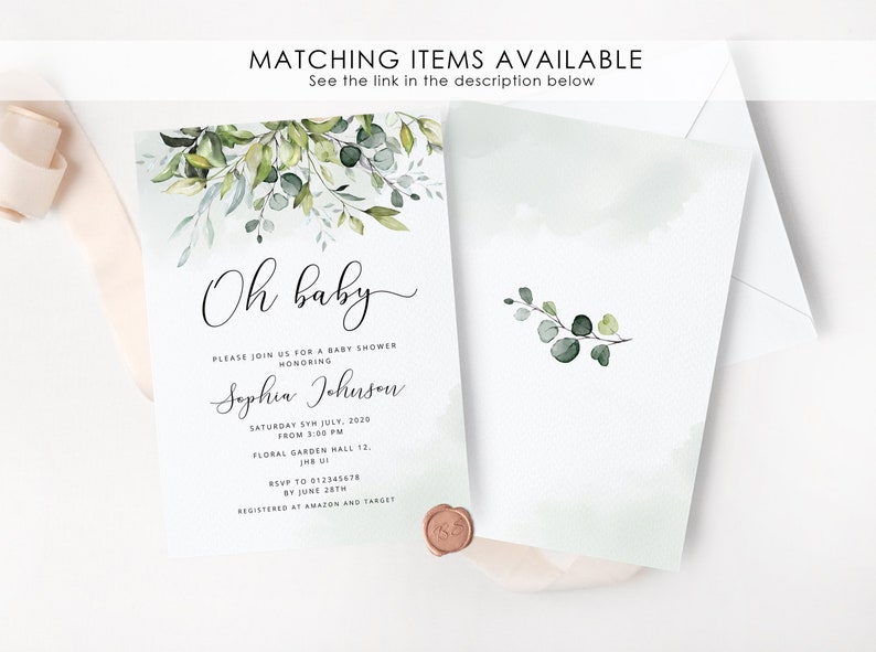 May include: A baby shower invitation with a watercolor design of green leaves and the text "Oh baby" in cursive. The invitation includes the name "Sophia Johnson" and details for the event, including the date, time, location, and RSVP information.