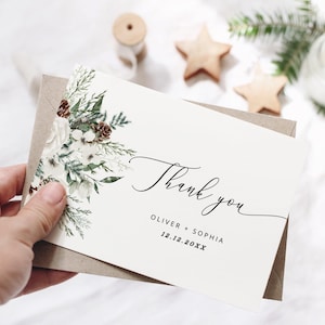 Bearbeitbare Winter Danke Karten Vorlage. Evergreen Hochzeit Dankeskarte. Elegante immergrüne Dankeskarte für die Braut #ev1