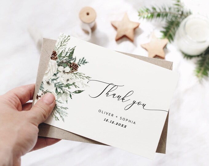 Editable Winter Thank You Cards Printable Template. Evergreen wedding thank you card. Elegant evergreen bridal thank you card #ev1