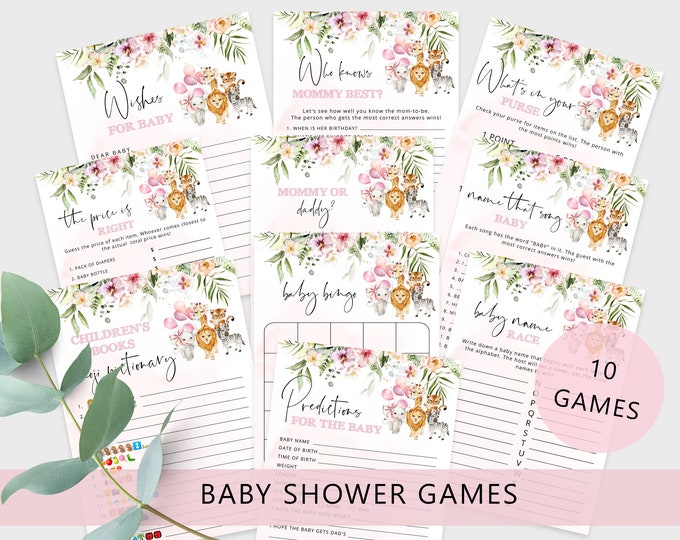 Safari Baby Shower Games Bundle. Girl safari Baby Shower Games. Jungle baby shower decor. Tropical baby shower games. Instant Download #saf1