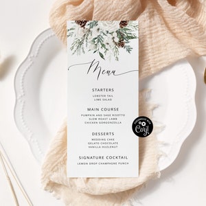 Elegante modello di carta menu invernale. Modello sempreverde per menu di nozze. Modello Corjl #ev1