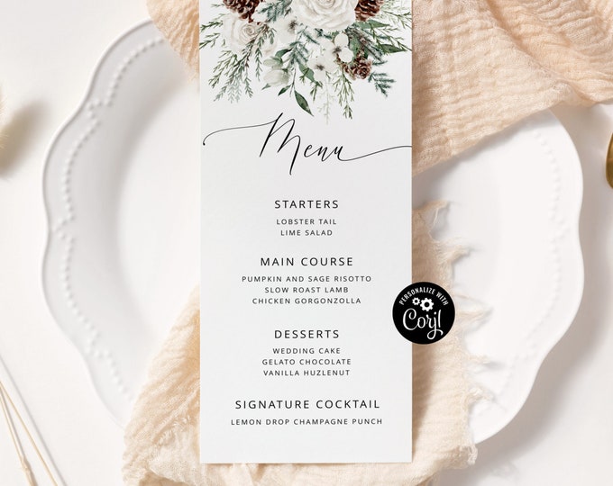 Elegant winter menu card template. Evergreen wedding menu template. Corjl template #ev1