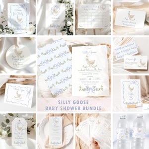 Silly Goose Blue Bow Baby Shower bundle, Boy Silly Goose Baby Shower invitation bundle, Editable Whimsical Goose Baby shower bundle #sg1