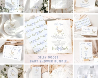 Silly Goose Blue Bow Baby Shower bundle, Boy Silly Goose Baby Shower invitation bundle, Editable Whimsical Goose Baby shower bundle #sg1
