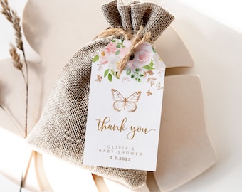 Butterfly favor tag. Blush gold baby shower Thank You Tag Template. Gold butterfly thank you tag. Butterfly baby shower #05
